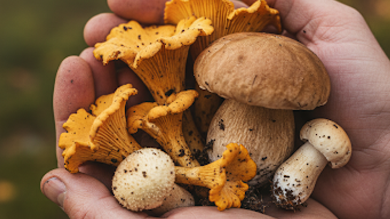 chanterelle, porcini mushroom — foraging person-with-mushroom photography