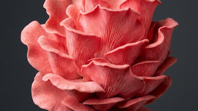 pink-oyster, pearl-oyster mushroom — portrait mushroom-only photography