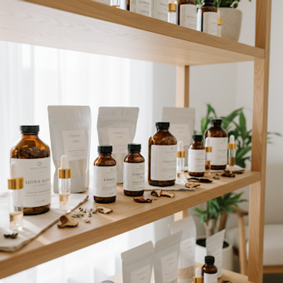 turkey-tail, lions-mane, cordyceps, reishi, chaga mushroom — health product-shot photography